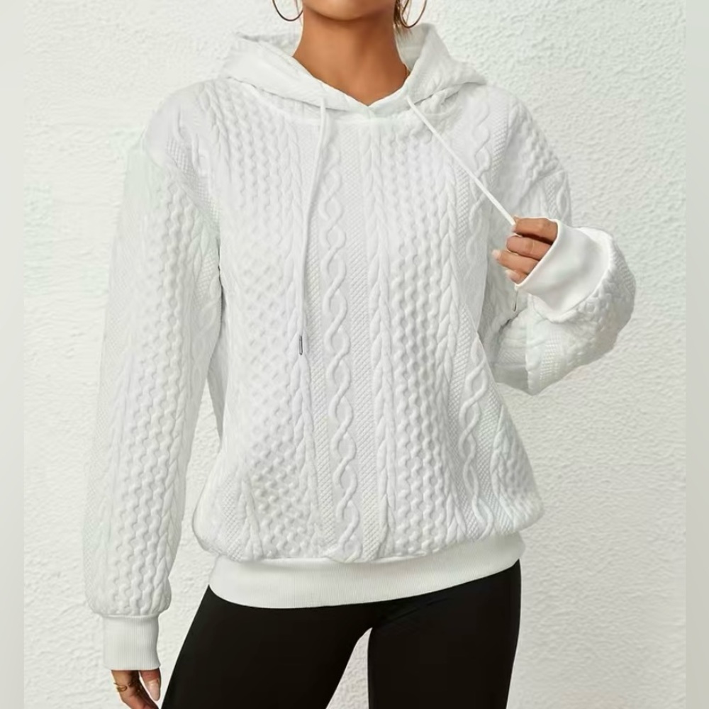 NWT Ivory cable knit hoodie, Sz. Lg. Very comfy and warm. Fits as a large.
